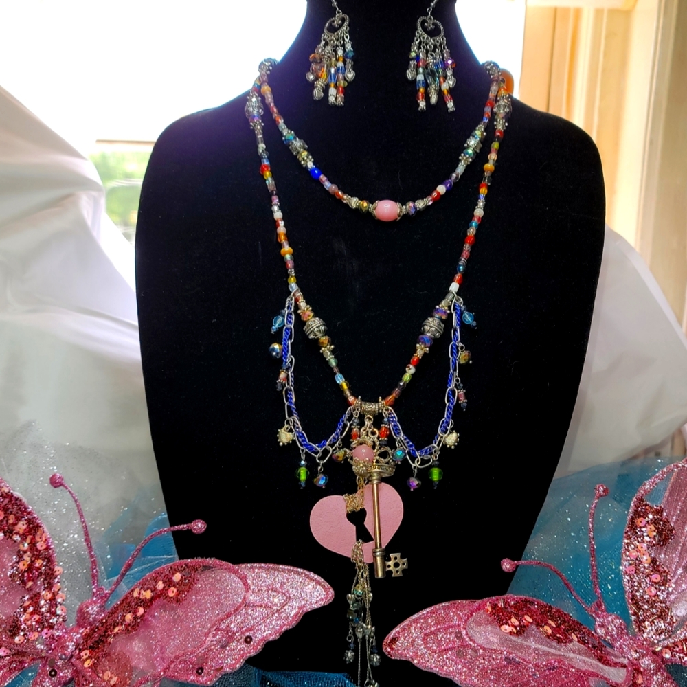 KEY To MY HEART a Matching Set Of Short And Long Necklaces And Earrings.